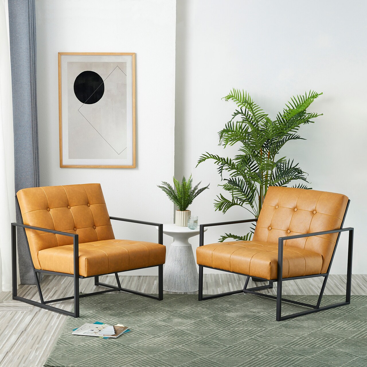 30.5"H Mid-Century Modern Leatherette Button-tufted Accent Arm Chair with Black Metal Frame